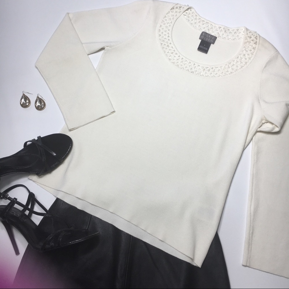 Sigrid Olsen Beaded 3/4 Sleeve Sweater, Sz S - image 1